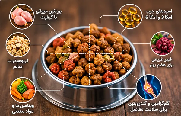 ترکیبات غذای خشک سگ شامل پروتئین، ویتامینها و مواد معدنی